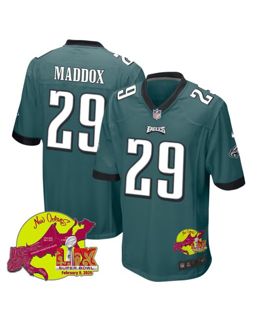 Avonte Maddox 29 Philadelphia Eagles Super Bowl LIX New Orleans Patch Game Men Jersey – Midnight Green