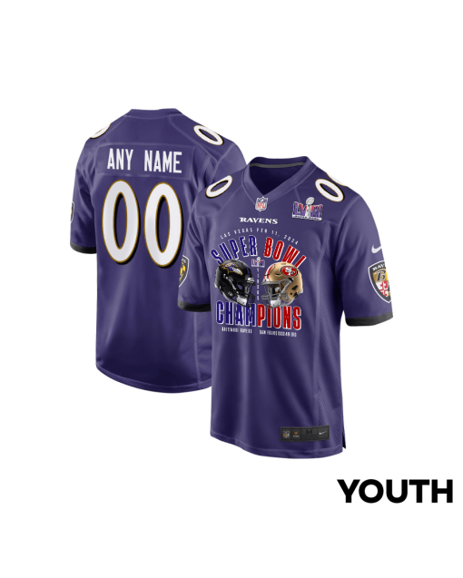 Baltimore Ravens vs. San Francisco 49ers Super Bowl LVIII Matchup Game Custom YOUTH Jersey – Purple