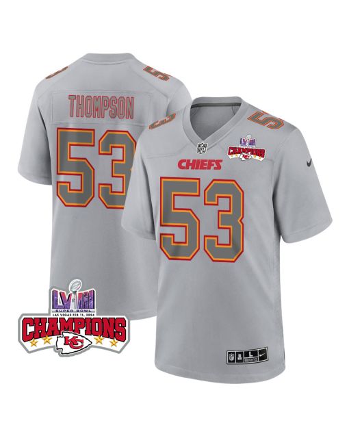 BJ Thompson 53 Kansas City Chiefs Super Bowl LVIII Champions 4 Stars Patch Atmosphere Fashion Game Men Jersey – Gray