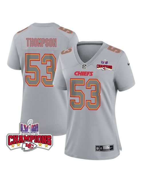 BJ Thompson 53 Kansas City Chiefs Super Bowl LVIII Champions 4 Stars Patch Atmosphere Fashion Game Women Jersey – Gray