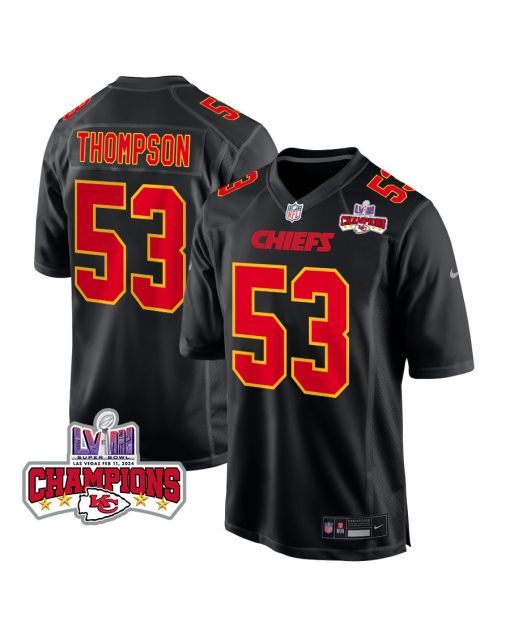 BJ Thompson 53 Kansas City Chiefs Super Bowl LVIII Champions 4 Stars Patch Fashion Game Men Jersey – Carbon Black