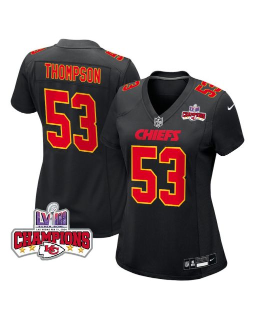 BJ Thompson 53 Kansas City Chiefs Super Bowl LVIII Champions 4 Stars Patch Fashion Game Women Jersey – Carbon Black