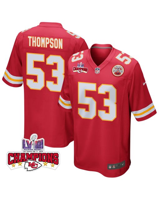 BJ Thompson 53 Kansas City Chiefs Super Bowl LVIII Champions 4 Stars Patch Game Men Jersey – Red