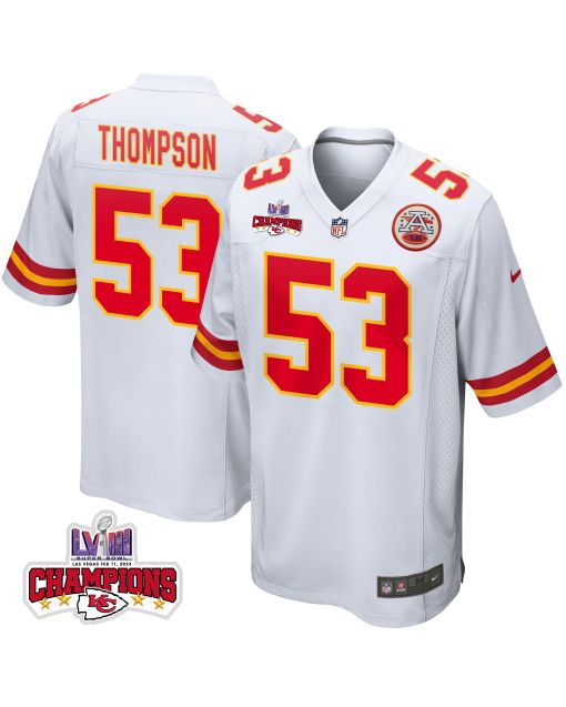 BJ Thompson 53 Kansas City Chiefs Super Bowl LVIII Champions 4 Stars Patch Game Men Jersey – White