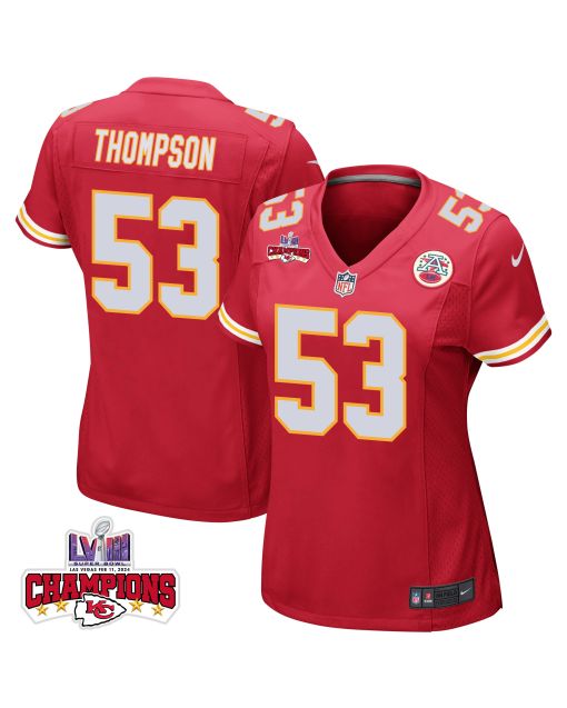 BJ Thompson 53 Kansas City Chiefs Super Bowl LVIII Champions 4 Stars Patch Game Women Jersey – Red