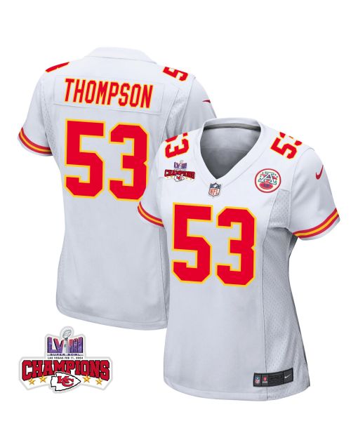 BJ Thompson 53 Kansas City Chiefs Super Bowl LVIII Champions 4 Stars Patch Game Women Jersey – White