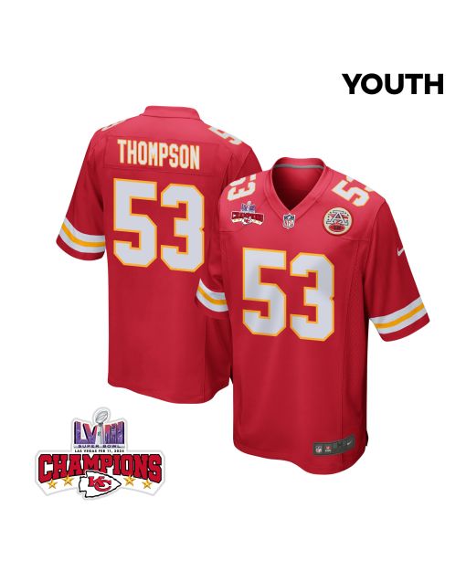 BJ Thompson 53 Kansas City Chiefs Super Bowl LVIII Champions 4 Stars Patch Game YOUTH Jersey – Red
