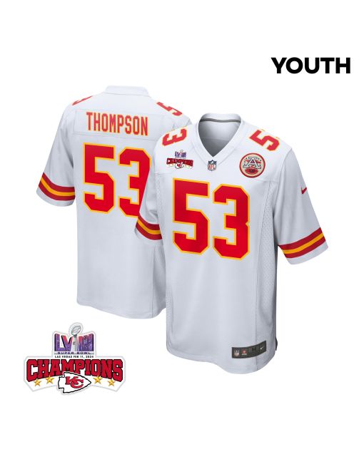 BJ Thompson 53 Kansas City Chiefs Super Bowl LVIII Champions 4 Stars Patch Game YOUTH Jersey – White