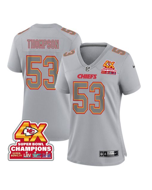 BJ Thompson 53 Kansas City Chiefs Super Bowl LVIII Champions 4X Atmosphere Fashion Game Women Jersey – Gray