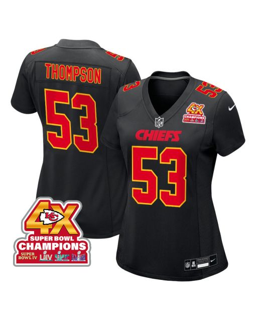 BJ Thompson 53 Kansas City Chiefs Super Bowl LVIII Champions 4X Fashion Game Women Jersey – Carbon Black