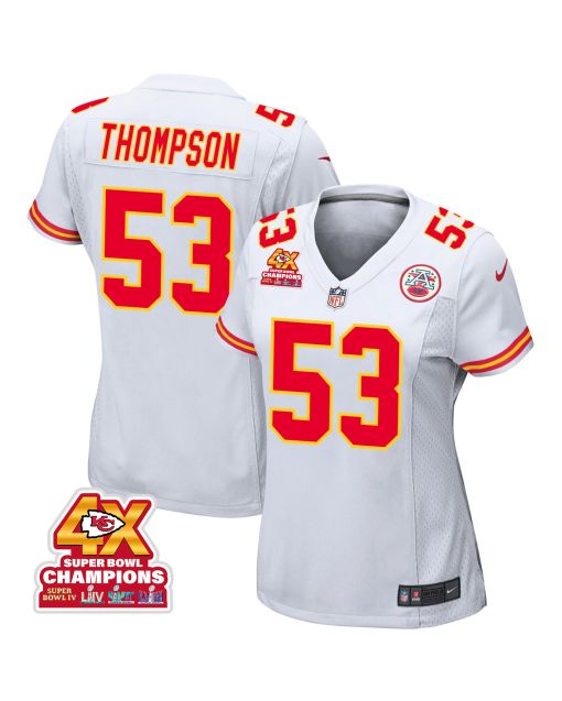 BJ Thompson 53 Kansas City Chiefs Super Bowl LVIII Champions 4X Game Women Jersey – White