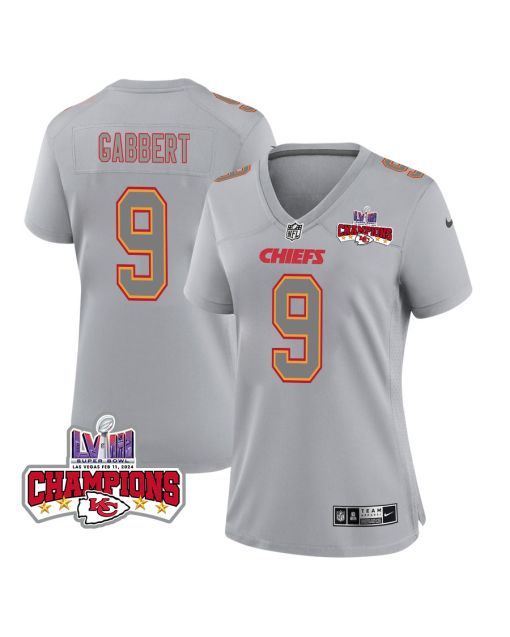Blaine Gabbert 9 Kansas City Chiefs Super Bowl LVIII Champions 4 Stars Patch Atmosphere Fashion Game Women Jersey – Gray