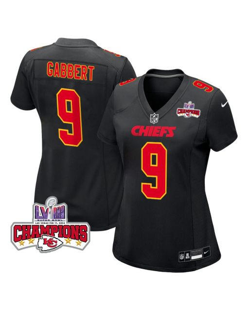 Blaine Gabbert 9 Kansas City Chiefs Super Bowl LVIII Champions 4 Stars Patch Fashion Game Women Jersey – Carbon Black