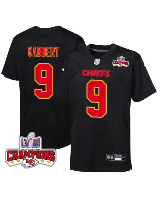 Blaine Gabbert 9 Kansas City Chiefs Super Bowl LVIII Champions 4 Stars Patch Fashion Game YOUTH Jersey – Carbon Black