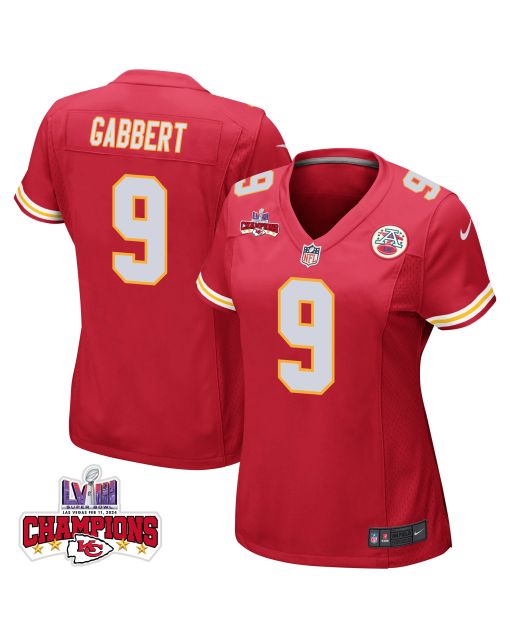 Blaine Gabbert 9 Kansas City Chiefs Super Bowl LVIII Champions 4 Stars Patch Game Women Jersey – Red
