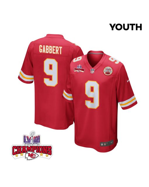 Blaine Gabbert 9 Kansas City Chiefs Super Bowl LVIII Champions 4 Stars Patch Game YOUTH Jersey – Red