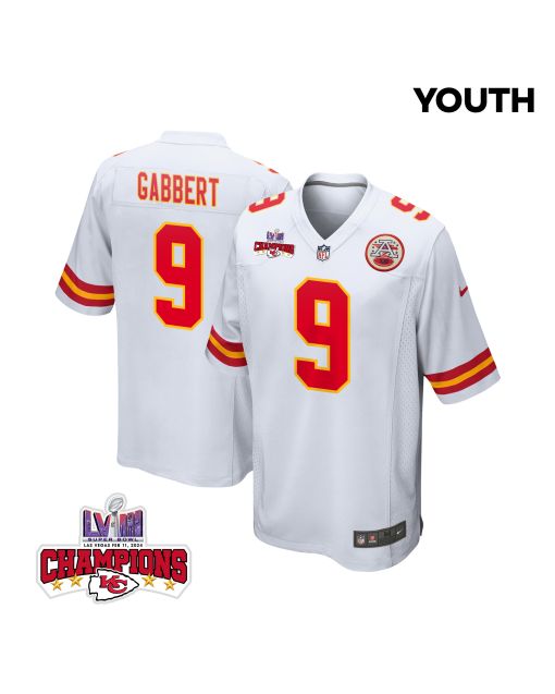 Blaine Gabbert 9 Kansas City Chiefs Super Bowl LVIII Champions 4 Stars Patch Game YOUTH Jersey – White