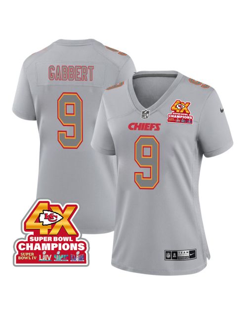 Blaine Gabbert 9 Kansas City Chiefs Super Bowl LVIII Champions 4X Atmosphere Fashion Game Women Jersey – Gray