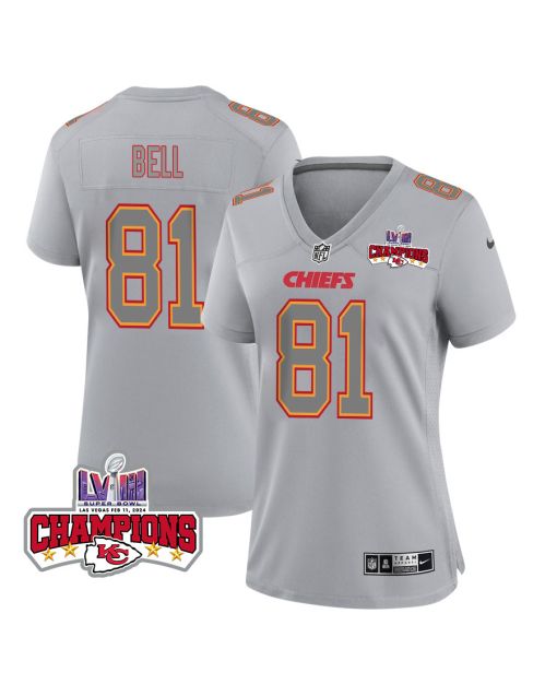 Blake Bell 81 Kansas City Chiefs Super Bowl LVIII Champions 4 Stars Patch Atmosphere Fashion Game Women Jersey – Gray
