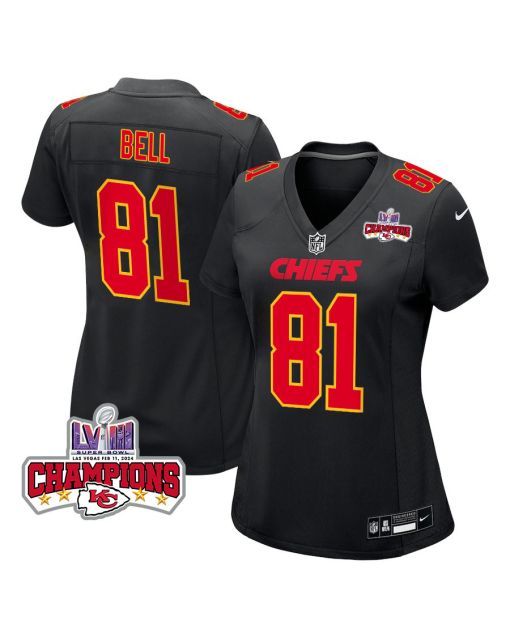 Blake Bell 81 Kansas City Chiefs Super Bowl LVIII Champions 4 Stars Patch Fashion Game Women Jersey – Carbon Black