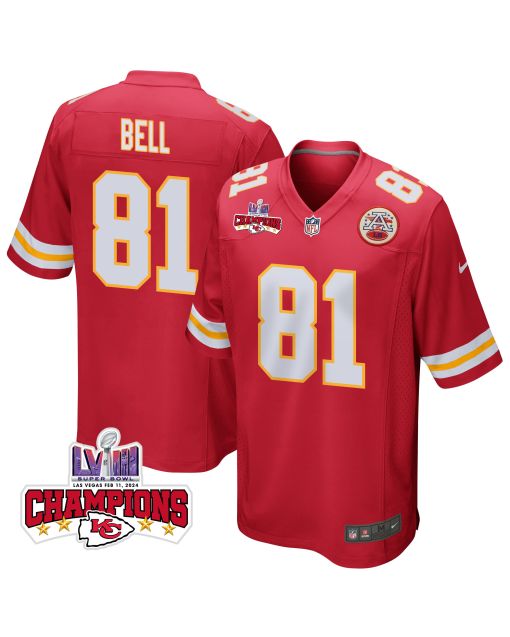Blake Bell 81 Kansas City Chiefs Super Bowl LVIII Champions 4 Stars Patch Game Men Jersey – Red