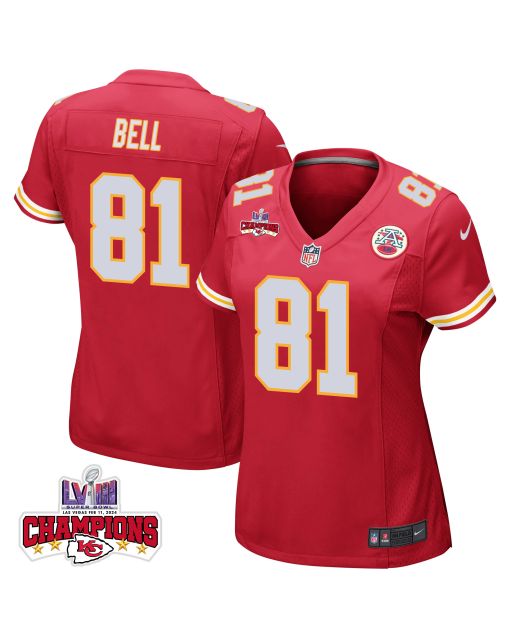 Blake Bell 81 Kansas City Chiefs Super Bowl LVIII Champions 4 Stars Patch Game Women Jersey – Red