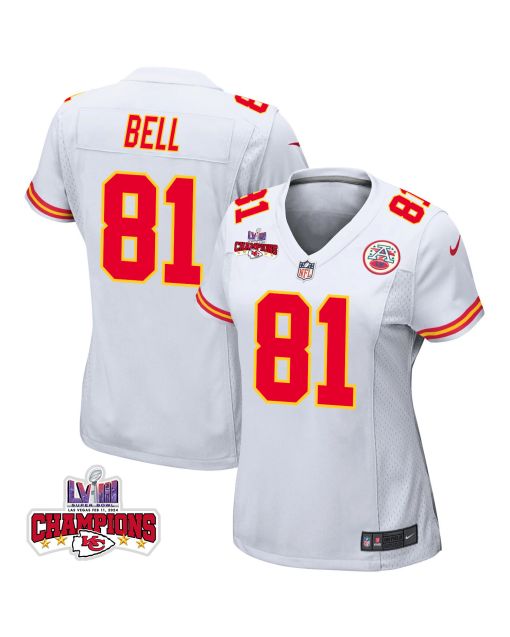 Blake Bell 81 Kansas City Chiefs Super Bowl LVIII Champions 4 Stars Patch Game Women Jersey – White