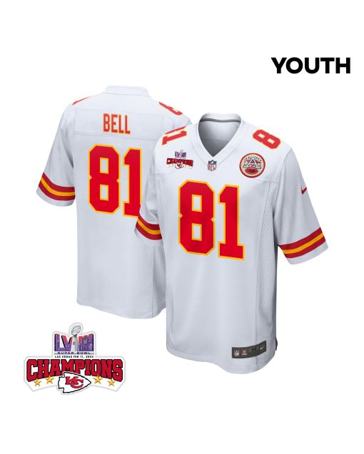 Blake Bell 81 Kansas City Chiefs Super Bowl LVIII Champions 4 Stars Patch Game YOUTH Jersey – White