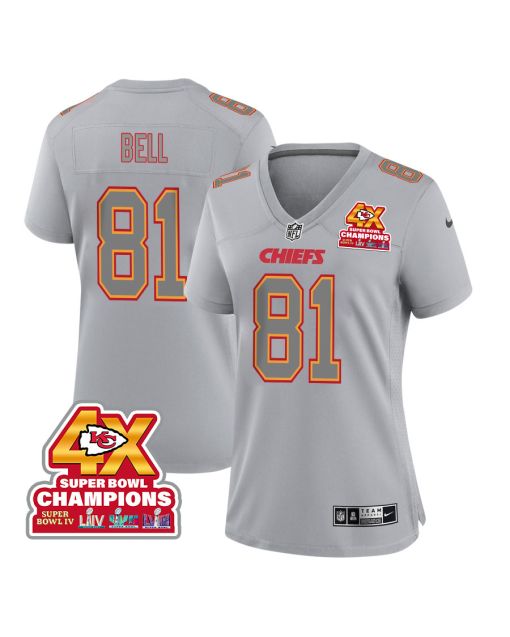 Blake Bell 81 Kansas City Chiefs Super Bowl LVIII Champions 4X Atmosphere Fashion Game Women Jersey – Gray
