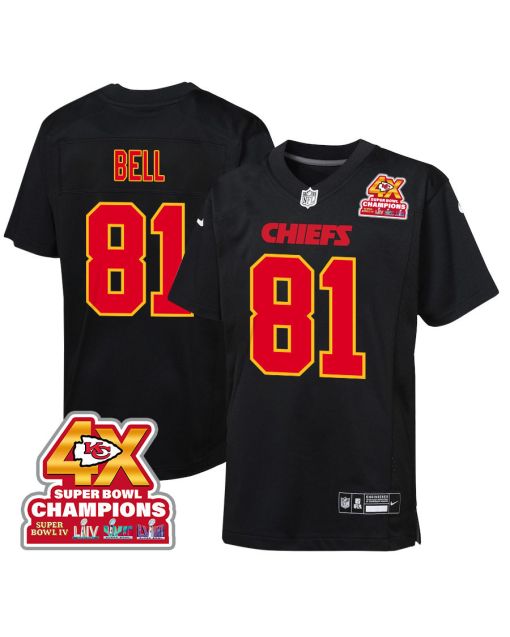 Blake Bell 81 Kansas City Chiefs Super Bowl LVIII Champions 4X Fashion Game YOUTH Jersey – Carbon Black