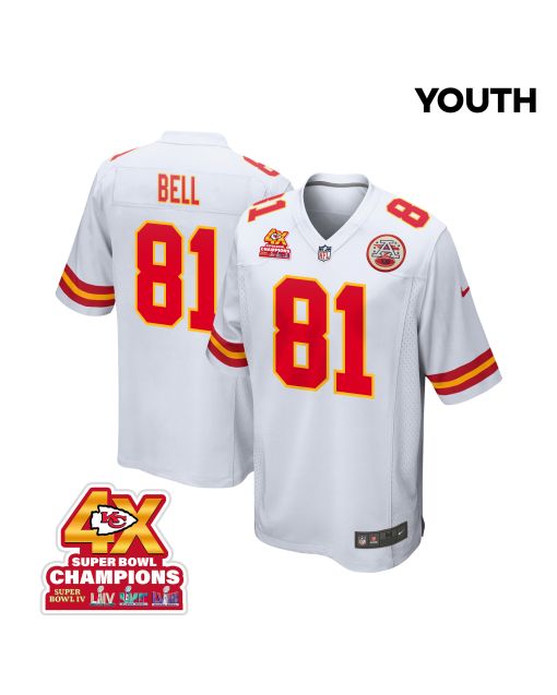 Blake Bell 81 Kansas City Chiefs Super Bowl LVIII Champions 4X Game YOUTH Jersey – White