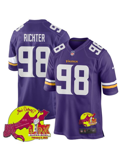 Bo Richter 98 Minnesota Vikings Super Bowl LIX New Orleans Patch Game Men Jersey – Purple