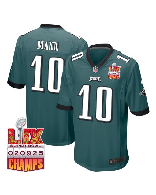 Braden Mann 10 Philadelphia Eagles Super Bowl LIX Champions Patch Game Men Jersey – Midnight Green