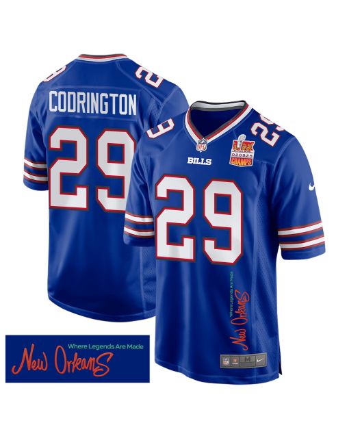 Brandon Codrington 29 Buffalo Bills Super Bowl LIX Champions Patch ‘New Orleans – Where Legends Are Made’ EMBROIDERED Game Men Jersey – Royal