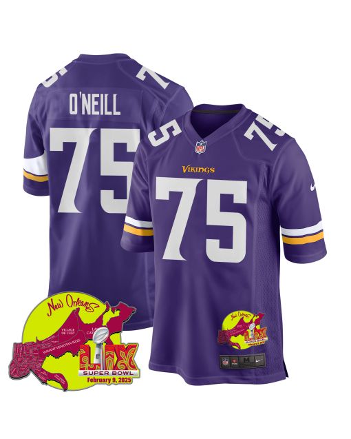 Brian O’Neill 75 Minnesota Vikings Super Bowl LIX New Orleans Patch Game Men Jersey – Purple