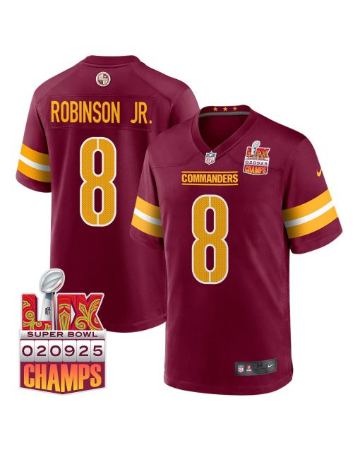 Brian Robinson Jr. 8 Washington Commanders Super Bowl LIX Champions Patch Game Men Jersey – Burgundy