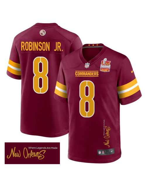 Brian Robinson Jr. 8 Washington Commanders Super Bowl LIX Champions Patch ‘New Orleans – Where Legends Are Made’ EMBROIDERED Game Men Jersey – Burgundy