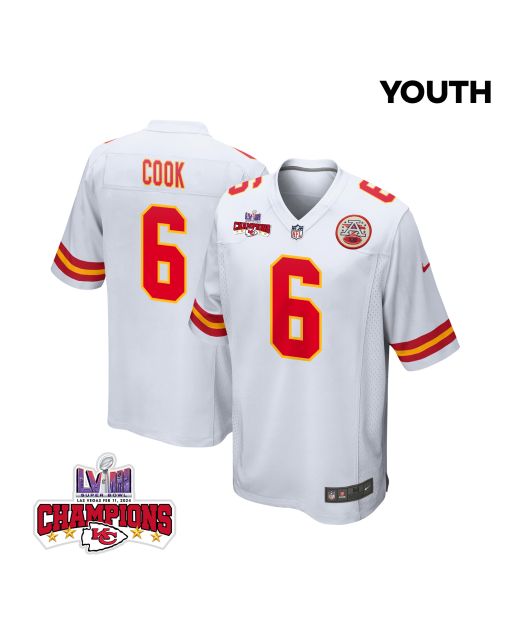 Bryan Cook 6 Kansas City Chiefs Super Bowl LVIII Champions 4 Stars Patch Game YOUTH Jersey – White
