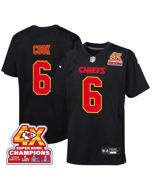 Bryan Cook 6 Kansas City Chiefs Super Bowl LVIII Champions 4X Fashion Game YOUTH Jersey – Carbon Black