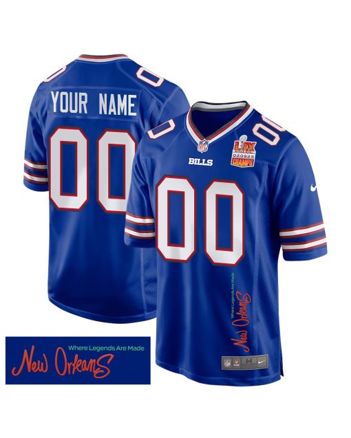 Buffalo Bills Super Bowl LIX Champions Patch ‘New Orleans – Where Legends Are Made’ EMBROIDERED Game Men Custom Jersey – Royal