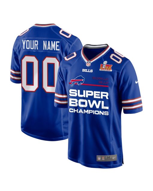 Buffalo Bills Super Bowl LIX Champions Straight Text Game Men Custom Jersey – Royal