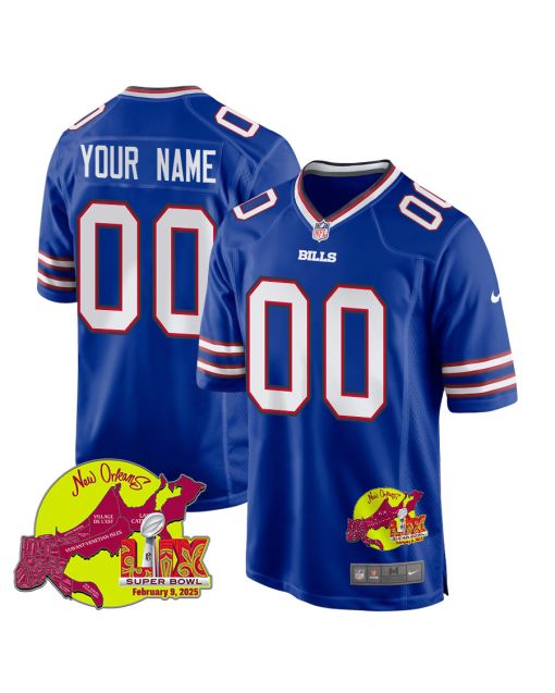Buffalo Bills Super Bowl LIX New Orleans Patch Game Men Custom Jersey – Royal