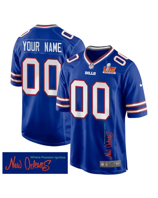 Buffalo Bills Super Bowl LIX ‘New Orleans – Where Passion Ignites’ EMBROIDERED Game Men Custom Jersey – Royal