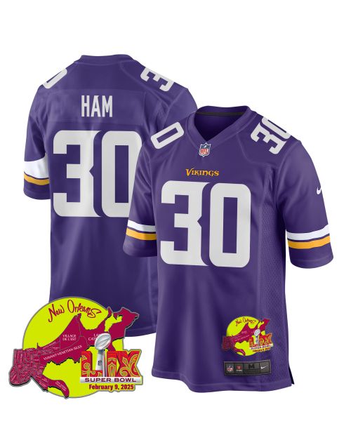 C.J. Ham 30 Minnesota Vikings Super Bowl LIX New Orleans Patch Game Men Jersey – Purple