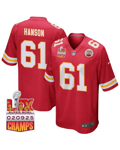 C.J. Hanson 61 Kansas City Chiefs Super Bowl LIX Champions Patch Game Men Jersey – Red