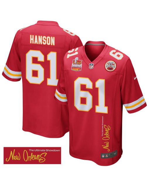 C.J. Hanson 61 Kansas City Chiefs Super Bowl LIX Champions Patch ‘New Orleans – The Ultimate Showdown’ EMBROIDERED Game Men Jersey – Red
