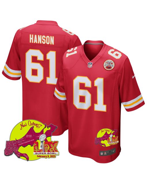 C.J. Hanson 61 Kansas City Chiefs Super Bowl LIX New Orleans Patch Game Men Jersey – Red