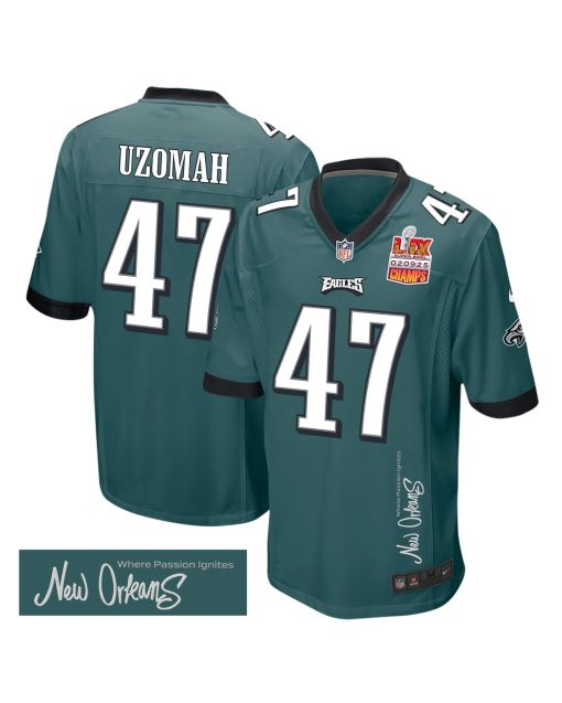 C.J. Uzomah 47 Philadelphia Eagles Super Bowl LIX Champions Patch ‘New Orleans – Where Passion Ignites’ EMBROIDERED Game Men Jersey – Midnight Green