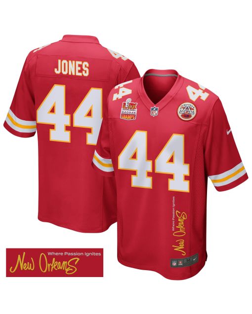 Cam Jones 44 Kansas City Chiefs Super Bowl LIX Champions Patch ‘New Orleans – Where Passion Ignites’ EMBROIDERED Game Men Jersey – Red