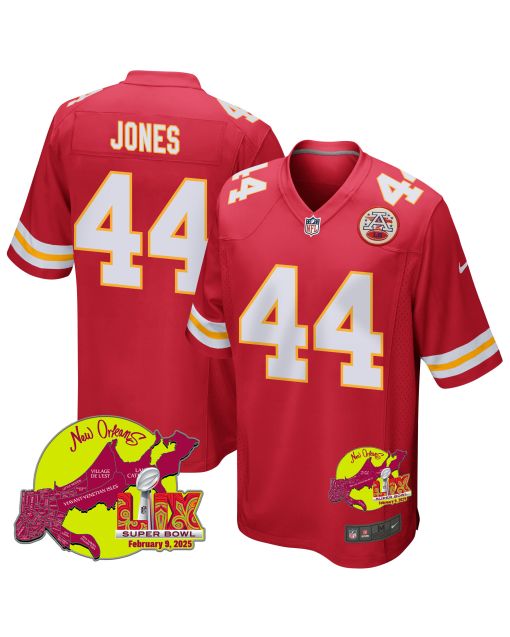 Cam Jones 44 Kansas City Chiefs Super Bowl LIX New Orleans Patch Game Men Jersey – Red